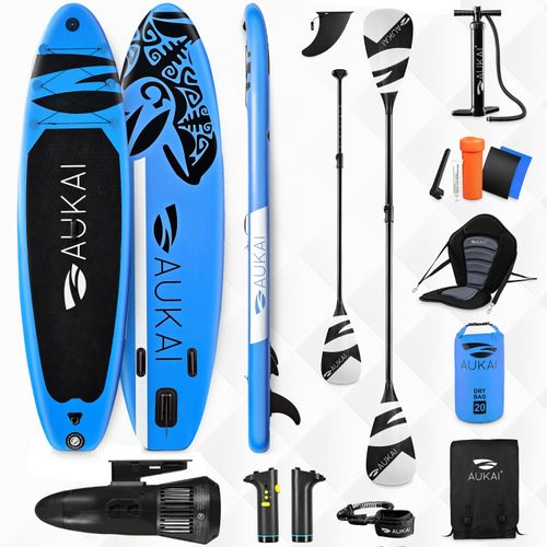 Stand Up Paddle Board 320cm mit Elektromotor & Kajak Sitz, Paddel und Doppelpaddel SUP Surfboard aufblasbar Surfbrett Paddelboard - Ocean blau