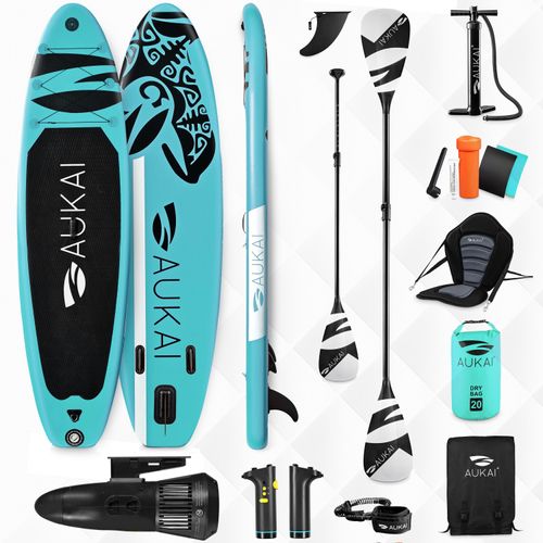 Stand Up Paddle Board 320cm mit Elektromotor & Kajak Sitz, Paddel und Doppelpaddel SUP Surfboard aufblasbar Surfbrett Paddelboard - Ocean türkis