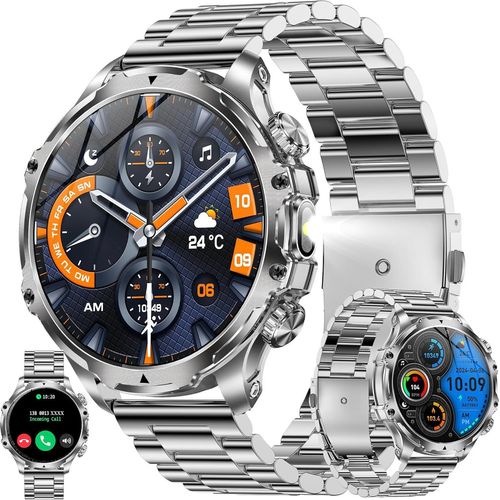 Herren Smartwatch mit Telefonfunktion, 800 mAh Akku, Taschenlampe, 5ATM Aktivitätstracker 123 Sportmodi, Blutdruck-Schrittzähler
