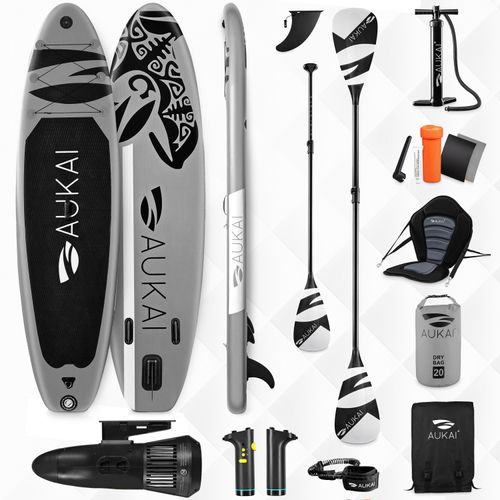Stand Up Paddle Board 320cm mit Elektromotor & Kajak Sitz, Paddel und Doppelpaddel SUP Surfboard aufblasbar Surfbrett Paddelboard - Ocean grau
