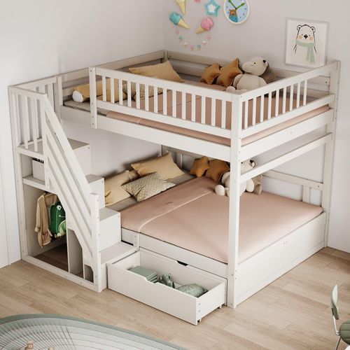 Hochbett bett 140*200cm, Kinder-Etagenbett mit Stauraum/2 Schubladen/Ablageregal Kinderbett mit Stabiles Holz Lattenrost ohne matratze, Weiß