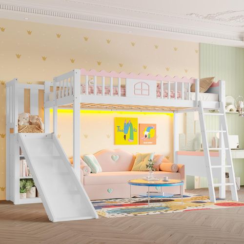 Hochbett, Einzelbett(Ohne Matratze), Kinderbett, mit LED-Leuchten, mit Regalen, mit Rutsche, EN747 , Kiefernholz, 90x200cm, Weiß