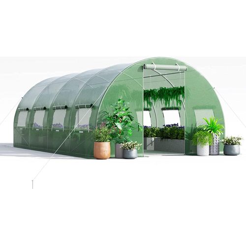 Foliengewaechshaus 6x3x2m-18m2, Tunnelgewaechshaus mit 10 Fenstern & 2 Reissverschlusstüren, Treibhaus aus Metallrahmen & PE Folie, Gewaechshaus für Garten zur Aufzucht, Grün