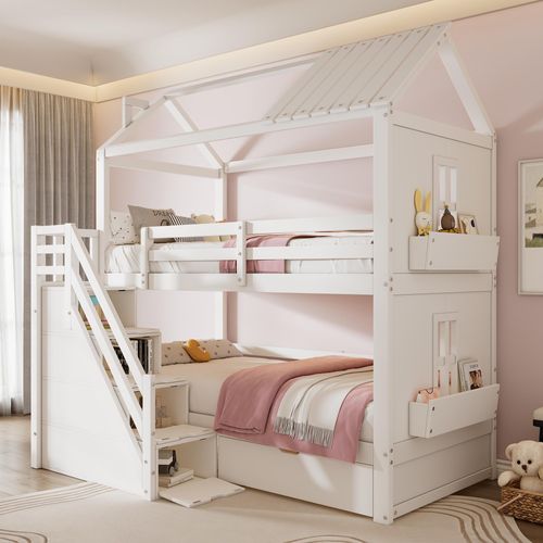 Hochbett 90×200cm, Hausbett mit 1 Schubladen/2 Aufbewahrungskörbe/Ablageregal/Treppen Etagenbett mit Lattenrost Rausfallschutz, ohne matratze, weiß