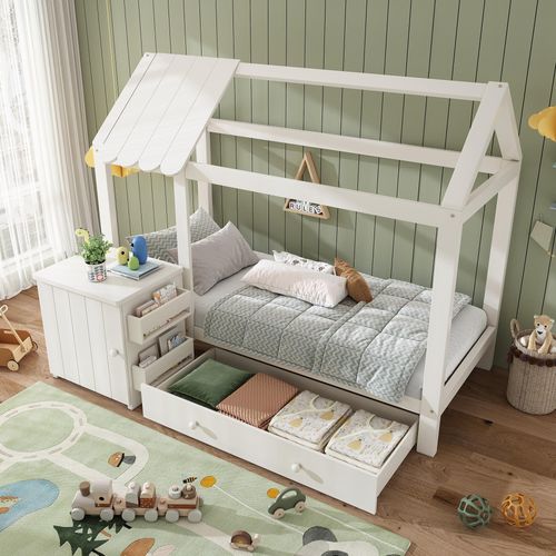 okwish Hausbett 90x200 cm Jugendbett aus Massivholz mit Schubladen & abnehmbarem weiße Nachttisch – Bodenbett für Kinder, ohne Matratze,Weiß
