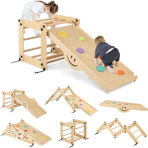 GOPLUS Kletterdreieck Indoor, Klettergerüst mit Verstellbarer Kletterleiter & umkehrbarer Kletterrampe, Rutsche & Wippe, Indoor-Spielplatz, Natur