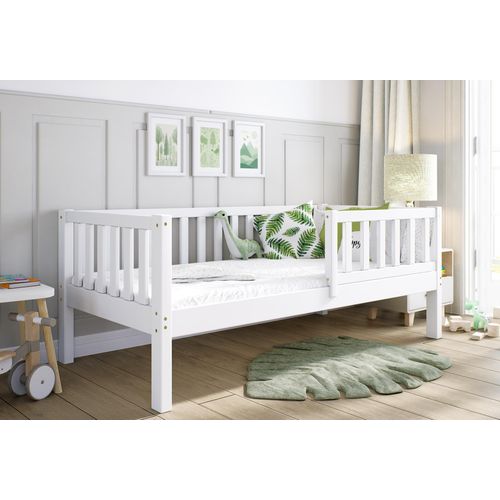 Kinderbett 140x70 Weiß Bodenbett ZAYA Kiefernholz, mit Rausfallschutz Lattenrost | Letino