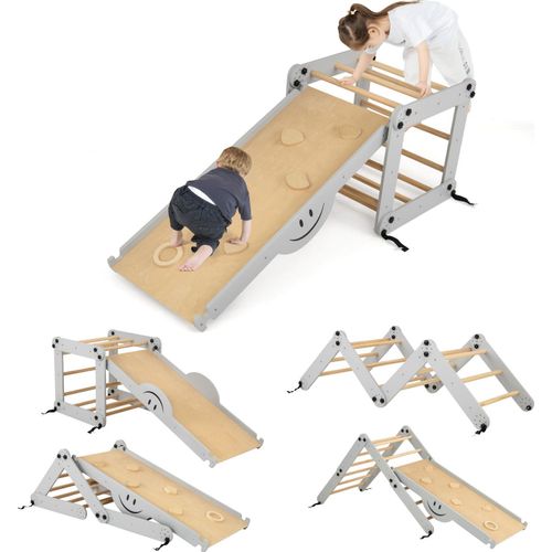 GOPLUS Kletterdreieck Indoor, Klettergerüst mit Verstellbarer Kletterleiter & umkehrbarer Kletterrampe, Rutsche & Wippe, Indoor-Spielplatz, Grau