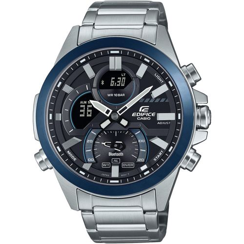 Smartwatch CASIO EDIFICE, silber (edelstahlfarben, blau, schwarz), Smartwatches, Armbanduhr,Herrenuhr,Bluetooth,Stoppfunktion,Weltzeit,Edelstahlarmband