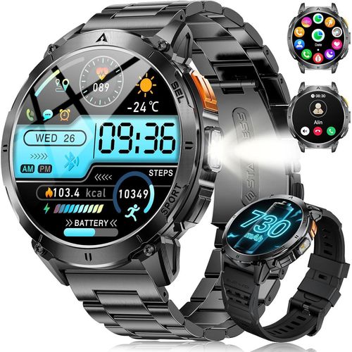 Herren Smartwatch mit LED-Licht, 730 mAh Akku für 30 Tage Nutzung, Smart Watch, 3ATM wasserdicht, AMOLED-Display, 119 Sportmodi, 24/7 Herzfrequenz