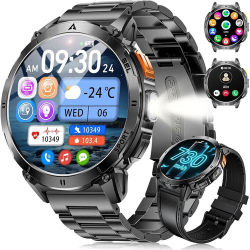 Herren Smartwatch mit LED-Licht, 730 mAh Akku für 30 Tage Nutzung, Smart Watch, 3ATM wasserdicht, AMOLED-Display, 119 Sportmodi, 24/7 Herzfrequenz