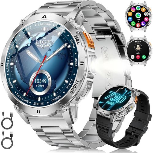 Herren Smartwatch mit LED-Licht, 730 mAh Akku für 30 Tage Nutzung, Smart Watch, 3ATM wasserdicht, AMOLED-Display, 119 Sportmodi, 24/7 Herzfrequenz
