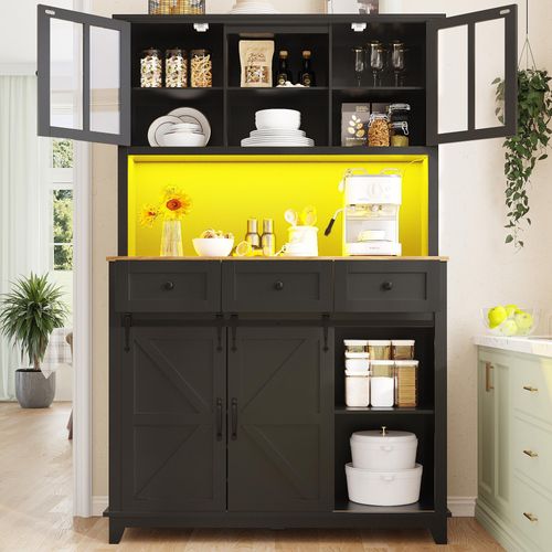 MODFU Hochschrank Küchenschrank mit Verstellbaren Ablagen,Küchenbuffet/Vitrinenschrank mit Variable LED-Beleuchtung,schwarz