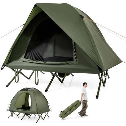 COSTWAY Feldbett mit Zelt für 2 Personen, Campingbett mit Regenschutz, 2 Netztüren, Dachfenster & Rolltasche, Campingliege bis 300kg 194x145x150cm