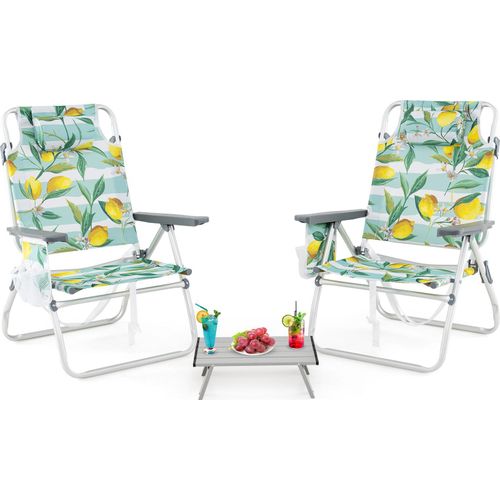 Set aus Outdoor-Tisch und -Stühlen, Klapp- und Liegestuhl mit bequemer Kopfstütze, Rolltisch mit Aufbewahrungstasche, für Strand, grün + gelb
