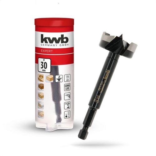 kwb Forstnerbohrer, Ø 30 mm, Topfbohrer (für Holz, geschmiedeter Bohrkopf, Spezialanschliff, schnelle, ausrissfreie Bohrlöcher, 4-seitig geschliffene Zentrierspitze, für Akkuschrauber & Bohrmaschinen)