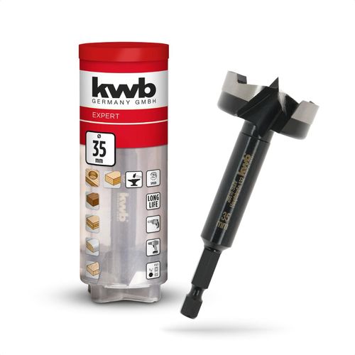kwb Forstnerbohrer, Ø 35 mm, Topfbohrer (für Holz, geschmiedeter Bohrkopf, Spezialanschliff, schnelle, ausrissfreie Bohrlöcher, 4-seitig geschliffene Zentrierspitze, für Akkuschrauber & Bohrmaschinen)