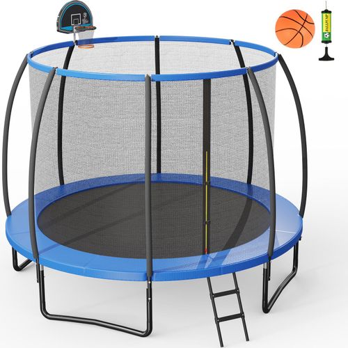 COSTWAY 305 cm Trampolin Outdoor, Gartentrampolin mit Leiter, Trampolin Komplettset mit Basketball, Sprungmatte, Sicherheitsnetz und Randabdeckung