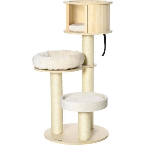 Rootz Kratzbaum – Katzenbaum – Kletterbaum – mit Katzenhöhle – Sisalstämme – mit Spielbällen – Natur/Creme – 59,5 x 59,5 x 122 cm