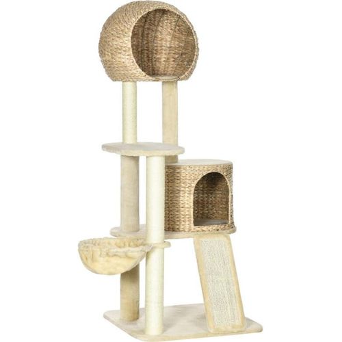 Rootz Kratzbaum – Katzenbaum – mit Katzenhaus – mehrere Plattformen – Hängematte – Kratzmatte – Kippschutz – Beige – 60 x 60 x 150 cm