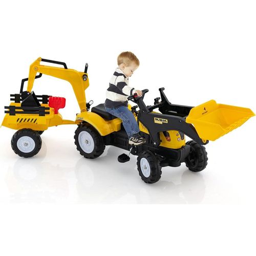 Trettraktor, Kindertraktor mit Anhänger & Schaufel & Frontlader, Kinderbagger Sitzbagger mit Hupe & Rechen, Tretfahrzeug für Kinder ab 3 Jahren (Gelb)