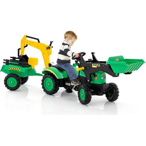 Trettraktor, Kindertraktor mit Anhänger & Schaufel & Frontlader, Kinderbagger Sitzbagger mit Hupe & Rechen, Tretfahrzeug für Kinder ab 3 Jahren (Grün)