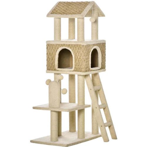 Rootz Kratzbaum – mit Katzenhöhle – Katzenhaus – Katzenkäfig – Katzenmöbel – Khaki/Beige/Kaffee – 69 L x 40 B x 131 H cm
