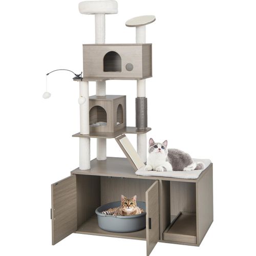 COSTWAY 2-in-1 Kratzbaum mit Toilettenschrank, Katzenturm mit 2 Häusern, Kratzbrett, Rampe, Grau