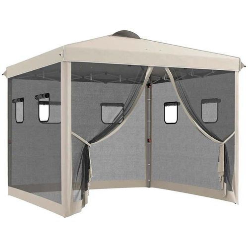 Rootz Faltbare Gartenlaube - Höhenverstellbar - Netzvorhänge - Erdspieße - Tragetasche - Metallrahmen - Stahl - Oxford Polyester - Beige - 297L x 297W x 287H cm