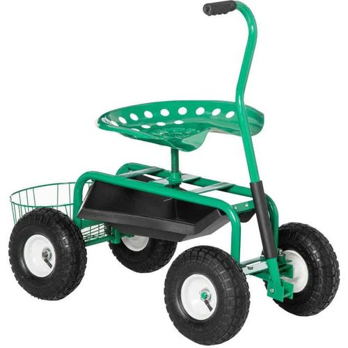 Rootz Gartenwagen mit rollendem Sitz - Regalkorb - Kleine Gartengeräte - Werkstattwagen - Mobiler Garten - Höhenverstellbar - Metall - Gummi - Grün - 98cm x 45cm x 87cm