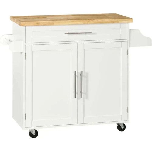Rootz Küchenwagen - Servierwagen - Kücheninsel - 1 Gewürzregal - 1 Handtuchhalter - höhenverstellbar - Gummiholz - Weiß - 109L x 40W x 89H cm
