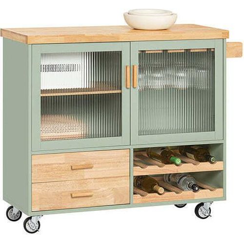 Rootz Küchenwagen FKW114-GR - Kücheninsel - Anrichte - Weinglashalter - Flaschenregal - Langlebiges MDF & Bambus - 109cm x 92cm x 40cm