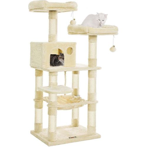 Rootz Cat Scratching Post - Kratzbaum - Katzenmöbel - Stabile Bodenplatte - Sisalstangen - Plüschbezug - Gemütliches Katzenhaus - Aussichtsplattformen - Hängematte - Mittlere Größe - Treppendesign - Beige - MDF, Plüsch, Sisal - 55cm x 45cm x 143cm
