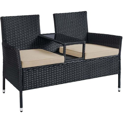 Rootz Garden Sofa Set - Outdoor Loveseat - Terrassenmöbel - Stahlrahmen - PE Wicker - Schaumstoffkissen - Tischplatte aus gehärtetem Glas - Schwarz-Taupe - 65cm x 131cm x 84cm