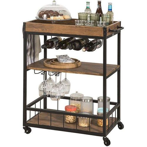 Rootz Mobiler Barwagen - Rollender Getränkewagen - Servierwagen - Einfacher Transport - 79x90x40cm - MDF & Metall mit Holzfolie