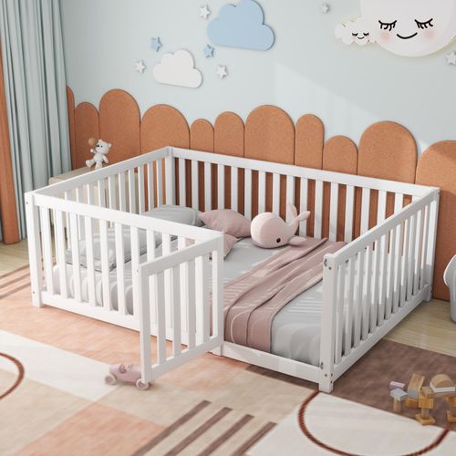 Kinderbett mit Zaun und Tür, ohne Lattenrost, 140x200 cm, Babybett mit Rausfallschutz, Holzbett