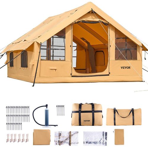 Aufblasbares Zelt für Camping, 5-8 Personen Zelt mit Handpumpe, 4x3x2,2 m Glamping-Zelt mit 2 Oberlichtern, Baldachin, Ofenanschluss, 2 Türen, Netzfenstern & Aufbewahrungstasche