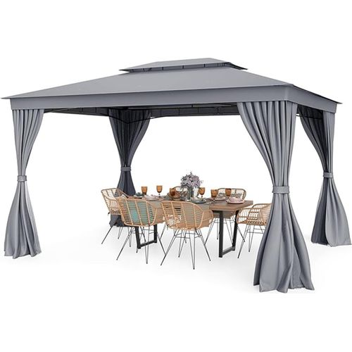 3 x 4m Pavillon, wasserfester, sonnengeschützter, Doppeldach-Pavillonzelt mit Metallrahmen & Seitenwänden & Moskitonetz & 8 Bodenspikes, Grau