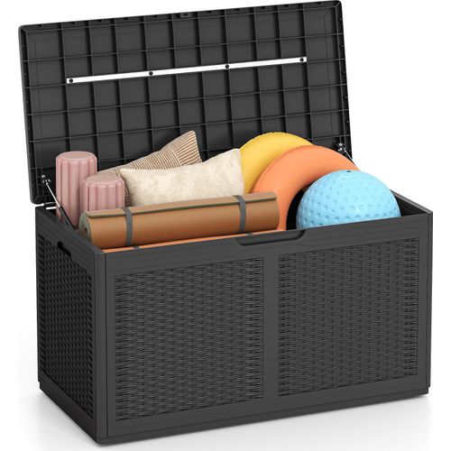 380 L Harz Aufbewahrungsbox, wasserfeste Deckbox mit verschließbarem Deckel & Rädern, Aufbewahrungsbehälter mit Rattanstruktur, Grau