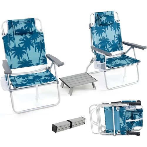 KOMFOTTEU Strandstühle klappbar mit Tisch, Campingstühle mit Kopfstütze & Verstellbarer Rückenlehne, Beachchair mit Eisbeutel & Getränkehalter & Aufbewahrungstasche bis 136/150 kg (Modell 2, Blau)