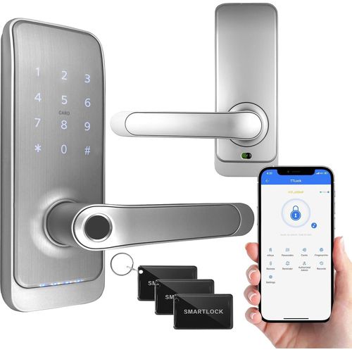 EURA ELH-01H4 Smartes Türschloss mit Griff, Codeschloss, 13,56 MHz Näherungsleser, biometrisches Lesegerät, App TTLock/TTHotel, IP65, universeller Riegelabstand, weiß