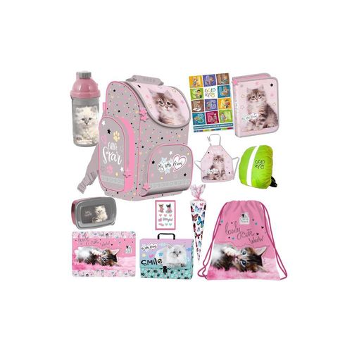 Katze Cat Grey Schulranzen ergonomischer Ranzen Zuckertüte Federmappe Turnbeutel Brotdose Trinkflasche Malunterlage Sammelmappe Aufgabenheft für die Grundschule 12er Set XXL