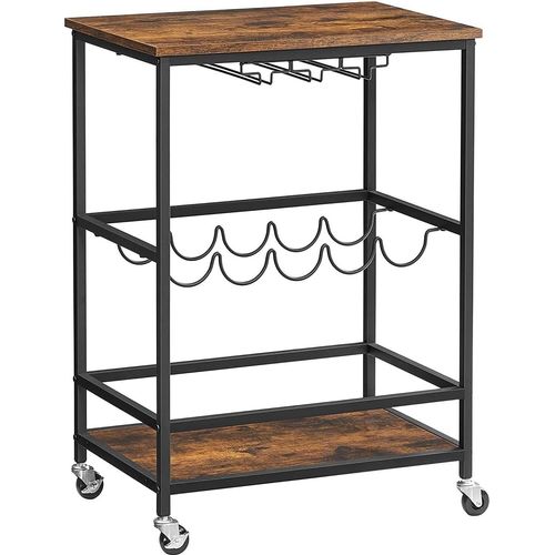 Rootz Küchenwagen – Servierwagen – Barwagen – Auf Rollen – Flaschenregal – Glashalter – Braun – Schwarz – Verarbeitetes Holz – Metall – 60 x 40 x 75 cm