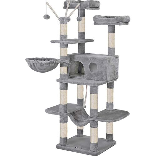 Rootz Kratzbaum – Kratzbaum – Hängematte – Katzenhöhle – 6 Ebenen – Grau – Beige – 50 x 50 x 164 cm