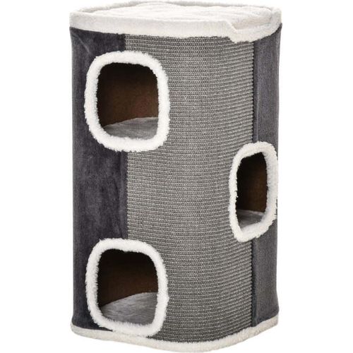 Rootz Katzenkratztonne – Katzenkratzbaum – Kratzbaum mit 3 Ebenen – Kletterbaum für Katzen – Katzenmöbel – Polyester – Grau/Weiß – 40 x 40 x 74 cm