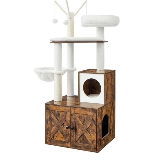 Rootz Kratzbaum – Kratzbaum mit Höhle – Kratzbaum mit Katzenklo-Schrank – Katzenkletterbaum – Katzenaktivitätsbaum – Katzenspielbaum – moderner Kratzbaum – Kratzbaumhaus – Spanplatte – Plüsch – Sisal – Vintage-Braun – 57,5 x 50 x 140 cm (L x B x H)