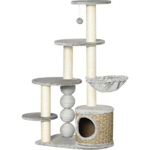 Rootz Kratzbaum – Katzenkletterturm – Katzenbaum – Katzenhöhle – Katzenbett – mit hängendem Ball – Hellgrau – 60 cm x 40 cm x 115,5 cm