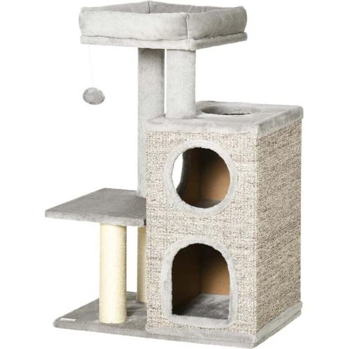 Rootz Kratzbaum – Katzenbaum – Katzenhöhle – Katzenbett – mit Ballspielzeug – Hellgrau/Natur – 60 cm x 40 cm x 91 cm