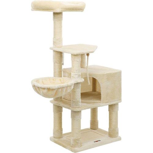 Rootz Kratzbaum – Kratzbaum mit Höhle – Kratzbaum mit Katzenklo-Schrank – Katzenkletterbaum – Katzenaktivitätsbaum – Katzenspielbaum – moderner Kratzbaum – Kratzbaumhaus – Spanplatte – Plüsch – Sisal – Beige – 55 x 40 x 138 cm (L x B x H)