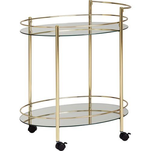 Rootz Servierwagen – Mobile Minibar – Beistelltisch auf Rollen – Speisewagen mit weißer Glasplatte – Küchen- und Teewagen – Gold – 67 x 79 cm